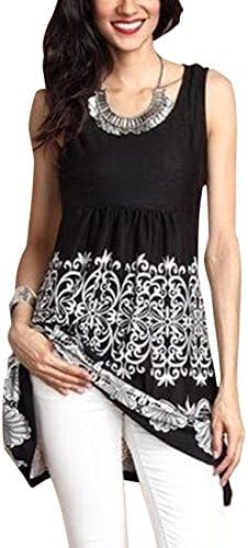 Shineya Women's Fashion Floral Print Tunic Long Tank Top O Neck Sleeveless Blouses with Plus Size Black 4XL