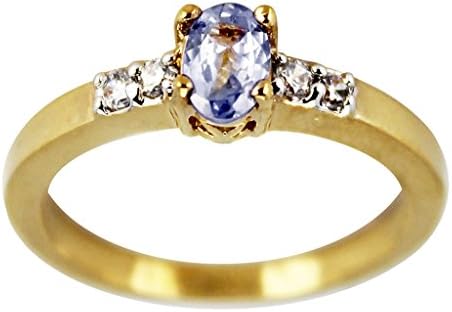 Tanzanite Ring with 0.35 Carat Oval Shaped Stone Surrounded by 4 x 2mm Cubic Zirconia on a Gold Plated Band - Finger Sizes L,P,R & T