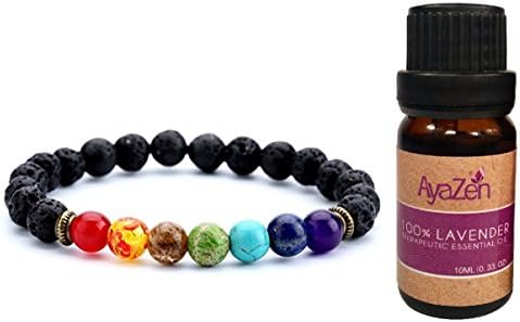 Lavender Essential Oil Plus 7 Chakra Aromatherapy Bracelet Diffuser Set. Real Natural Healing Energy Stones & Lava Stones For Mala Meditation