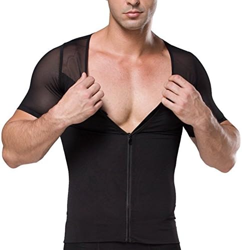 Showbellia Mens Compression Body Shaper Shirt Zipper Muscle T-Shirt Abs Abdomen Hide Boobs Gynecomastia Underwear Black Base layer Sports Tights Undershirt