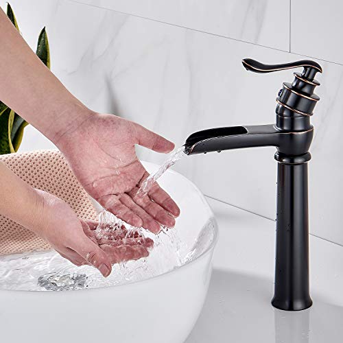 HOROW Oil Rubbed Bronze Bathroom Vessel Sink Faucet Waterfall Singe Handle One Hole Basin Mixer Tap Tall Body