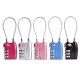 Pixnor 5 Colors TSA Approved Security Cable Luggage Locks 3-Digit Combination Password Locks Padlocks (Black Silver Rosy Pink Blue)