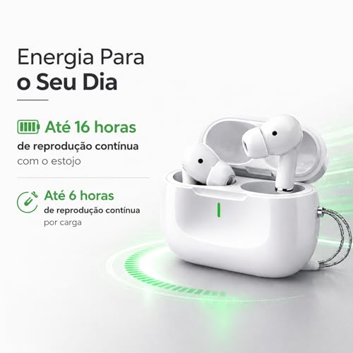 Fone de Ouvido Bluetooth 5.4 TWS Branco Sem Fio com Microfone, Controle Touch, Intra Auricular com Redução de Ruído, Estojo USB-C, Até 16h, Android e iPhone