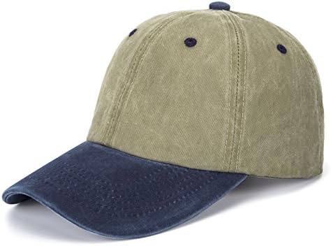 Bangled Unisex Washed Baseball Cap Pigment Dyed Two Tone Low Profile Adjustable Six Panel Cap Sun Cap(Army Green+Navy Blue)