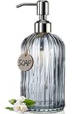 JASAI 18 Oz Vertical Striped Kitchen Soap Dispenser with 304 Rust Proof Stainless Steel Pump, Refillable Liquid Soap Dispenser for Bathroom, Kitchen, Hand Soap, Dish Soap (Clear Grey)