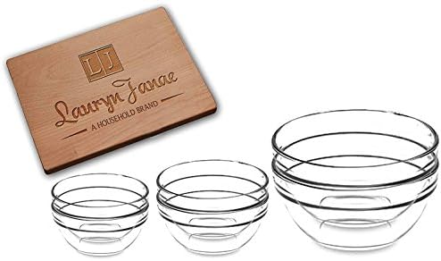 Lauryn Janae Premium Glassware Assortment of 6.5", 4" & 3.5" inch (2 x each size) Stackable Glass Tablesetter, Serving, Mixing, Kitchen Prep, Dipping, Custard, Pinch, Candy or Nut Bowls (Set of 6)