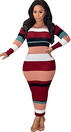 Hotheart Women's Long Sleeve O Neck colorful Stripe Printed Bodycon Party Sexy Nightclub Maxi Dress