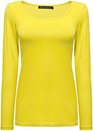 OThread CO. Women's Long Sleeves T-Shirt Scoop Neck Plain Basic Spandex Tee (Large, Lemon Yellow)