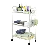 HollyHOME Premium 3-Tier Mesh Rolling Cart with Extra 5 Hooks, Easy Storage and Move Steel Utility Serving Rack in Bathroom Kitchen or Office, White