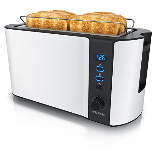 Arendo - Edelstahl Toaster Langschlitz 4 Scheiben, Defrost Funktion, Wärmeisolierendes Gehäuse mit integriertem Brötchenaufsatz - 1500W - Krümelschubl