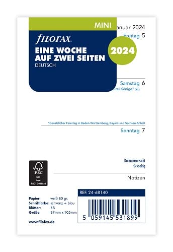 FILOFAX Calendar insert mini 1 week on 2 pages (German) 2024