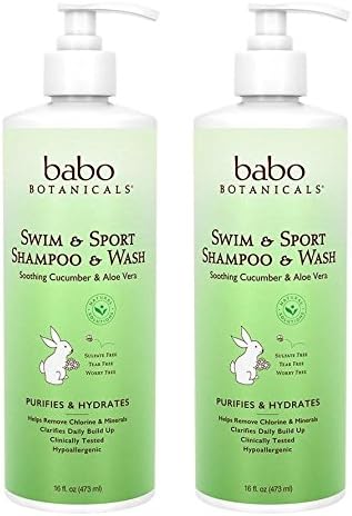 Babo Naturals Swim and Sport Shampoo and Body Wash (Pack of 2) With Aloe Leaf, Linseed, Cucumber, Chamomile, Calendula, Meadowsweet Flower, Kudzo, Mandarin, Geranium and Nutri-Soothe, 16 fl. oz. each