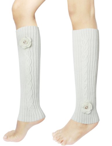 Dahlia Women's Knit Leg Warmers - Hand Crochet Pearl Flower - White