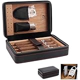GALINER Leather Travel Cigar Humidor Case,Portable Cigar Box with Humidifier and Cedar Wood Removbable Tray, Cigar Lighter Cutter Gift Set(Genuine Black Leather)