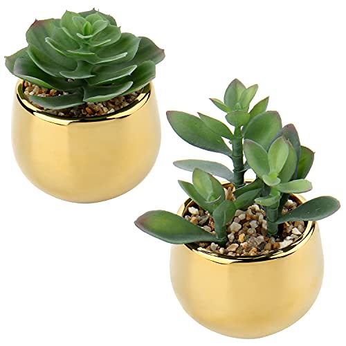 Briful 2 PCS Fake Plants Artificial Succulent Plants, Faux Succulents in Geometric Gold Ceramic Pots Fake Succulent Indoor Plants for Home Office Bathroom Bedroom Decor