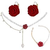 ONLYJUMP 3Pcs Red Velvet Rose Jewelry Set for Women Pearl Choker Necklace Rose Earrings Bracelet Alloy Sweet Romantic Gift for Wedding Birthday Valentine's Day