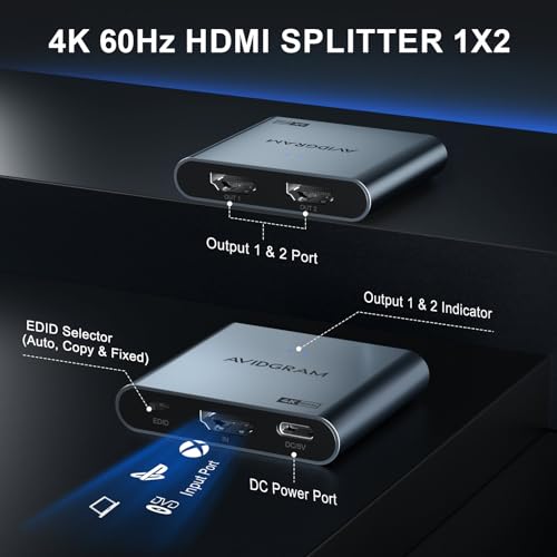 HDMI Splitter 1 In 2 out 4K 60Hz 4:4:4, AVIDGRAM HDMI 2.0 Divisor4K HDR with Copy, Downscaler, and Auto Mode Compatible with Xbox, PS4 Pro, PS5