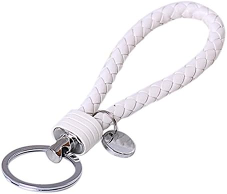 Dancyshop Fashion Leather Key Chain for Women Men, Braided Car Key Strap with Heavy Duty Alloy Key Rings for Office Home Use (Supply Single/Twin Rings) (Single Ring, White)