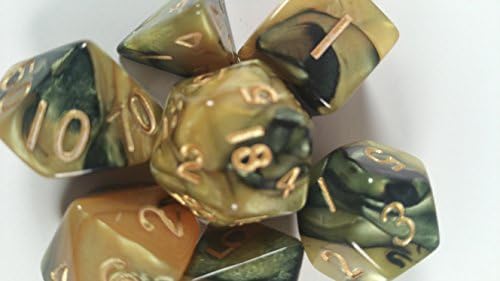 Black and Gold marble with Gold numbers style 7 dice set with dice bag RPG