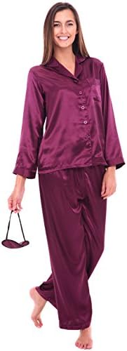 Alexander Del Rossa Womens Satin Pajamas, Long Button-Down Pj Set and Mask