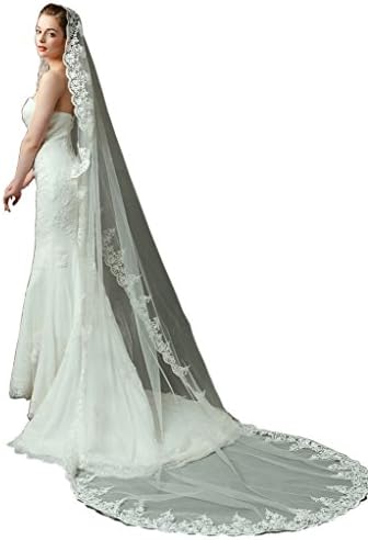 LynnBridal Scalloped Chapel Length Wedding Veil with Cotton Lace 118“ Long Ivory