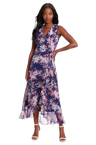 London Times Women's Dresses Ruffle V-Neck and Faux Wrap Maxi Dress, Navy/Rose…