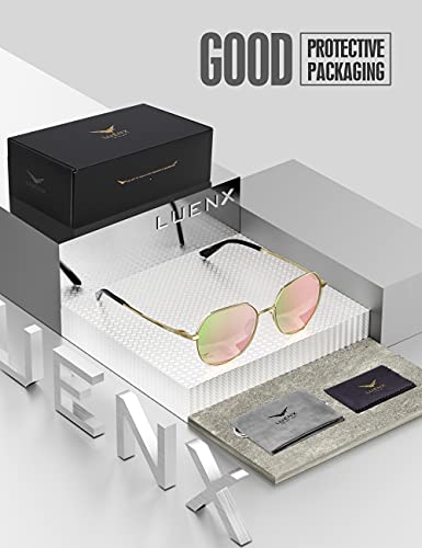 LUENX Women Sunglasses Polygon Round Square Polarized - Gold Frame Gold Temple Mirrored Driving uv 400 Protection 58 MM(Pink)