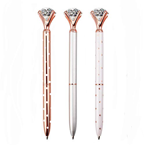 LONGKEY 3PCS Diamond Pens Big Crystal Diamond Ballpoint Pen Bling Metal Ballpoint Pen Offices and Schools, Silver/White With Rose Polka Dots/Rose Gold with White Polka Dots, Includes 3 Pen Refills.