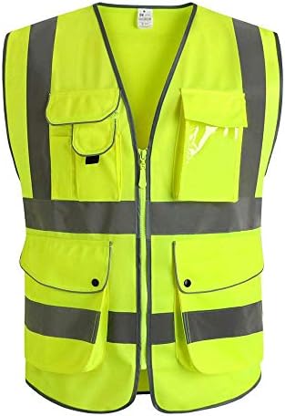 Reflective Construction Vests High Visibility Safety Vest with 9 Pockets and Zipper (Medium)
