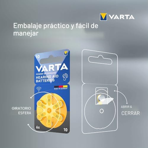 Baterias para aparelhos auditivos amarelos tipo 10, pack de 60, Power on Demand, bateria para aparelhos auditivos, pilhas de botão para aparelhos auditivos, fabricados na Alemanha