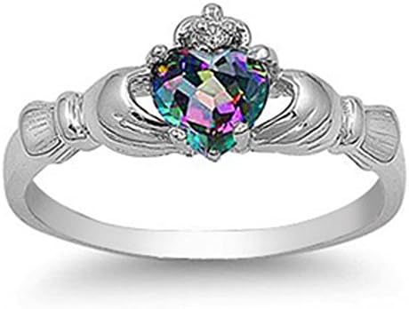 Rhodium Plated Sterling Silver Wedding & Engagement Ring Rainbow Topaz CZ Claddagh Ring 9MM (Size 3 to 10)