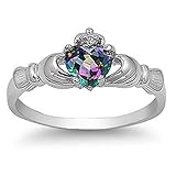Sterling Silver Rainbow Mystic Color CZ Heart Claddagh Ring 9MM ( Size 3 to 13 )