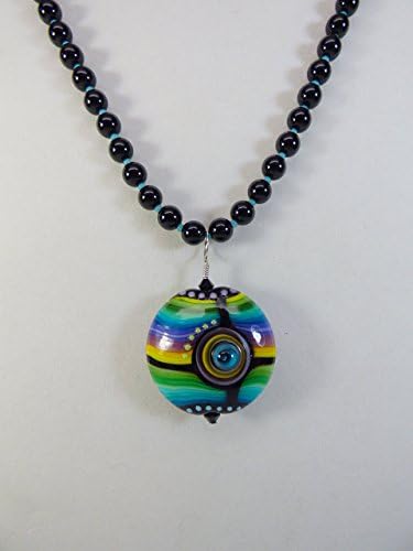 Large Multi-color Graphic Design Artisan Lampwork Necklace with Onyx Beads, Swarovski accents and Sterling Silver Findings