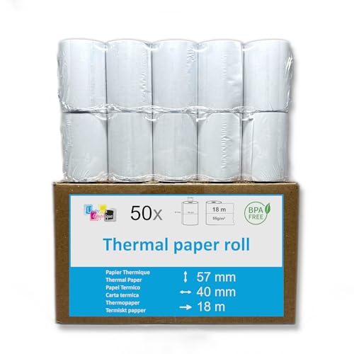 UniversGraphique Confezione da 50, 57mm x 40mm Rotoli di Carta Termica per Stampare Scontrini Carta Bianca di Alta Qualità senza BPA (10x5)