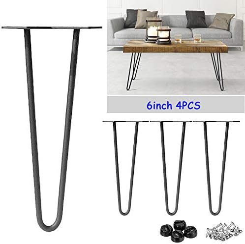 4Pcs Hairpin Table Legs Heavy Duty DIY Furniture Metal Table Legs with Free Screws & Protector Feet(Stable Standard Table Height), 2Rods,10mm,Black (6inch(15cm), 2Rod)