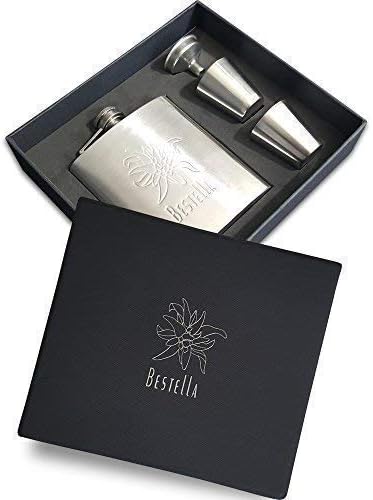 Hip Flask For Liquor or Whiskey With Shot Glasses and Funnel Set | 7oz Leak Proof Flask for Men with 2 Stainless Steel Shot Glasses and Free Funnel & Gift Box | Perfect Present for Men or Women