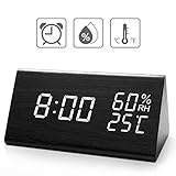 Digital Alarm Clock, with Wooden Electronic LED Time Display, 3 Alarm Settings, Dual Temperature & Humidity Detect, for Desk, Bedroom, Bedside Kids, no Batteries Needed
