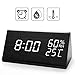 Digital Alarm Clock, with Wooden Electronic LED Time Display, 3 Alarm Settings, Dual Temperature & Humidity Detect, for Desk, Bedroom, Bedside Kids, no Batteries Needed