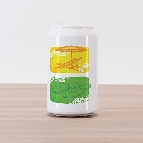 Lunarable Grunge Cola Can Shape Piggy Bank, Image of Palm Trees Starfish Slippers Sun Bed and Umbrella Tropical Beach Picture, Ceramic Cola Shaped Coin Box Money Bank for Cash Saving, Yellow Blue