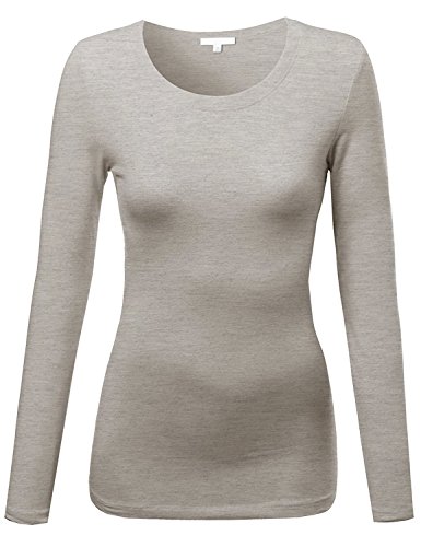 Emmalise Juniors Women's Casual Basic Round Crew Neck Long Sleeve T-Shirts - Oatmeal, Small
