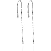 SLUYNZ 925 Sterling Silver Bar Threader Earrings Dangle for Women Teens CZ Chain Dangle Earrings Drop Tassel