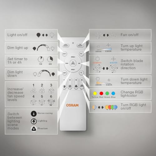 Osram Bayamo LED Ceiling Fan 590 mm, 58 W, 2530 Lumens, CCT 3000-6500 K, RGB, 110 Degree Beam Angle, 1935 m³/h Airflow, 50,000 Hour Lifetime, Dimmable, Remote Control