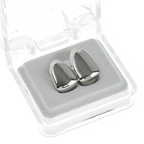 Double Cap Grillz Platinum Look Plain Canine Bling Two Tooth Hip Hop Teeth Grills - New
