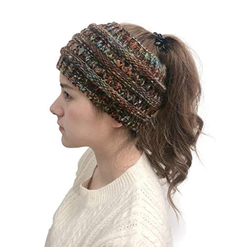 Winter Warm Wool Crochet Knit Hat Headgear,Crytech Women’s Ponytail Messy Bun BeanieTail Knitting Headband Fleece Lined Head Wrap Cap Soft Stretch Cable Knitted Ribbed Skull Hat for Girls (Coffee)