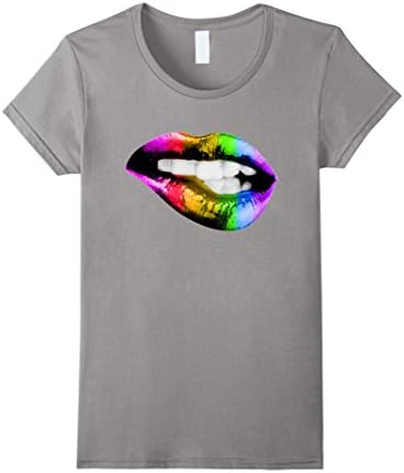 Women's Rainbow Lip Bite Relaxed Fit Graphic T-shirt Large Slate