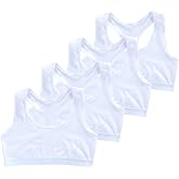 4 Pack Girls Unpadded Bra Seamless Breathable Cotton Bra Wireless Lightweight Sports Bras Girls Crop Tops for 9-14 Years White