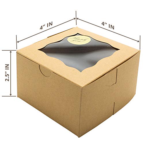 50 Pack Display Window Brown Bakery Boxes for Small Cake, Cookie