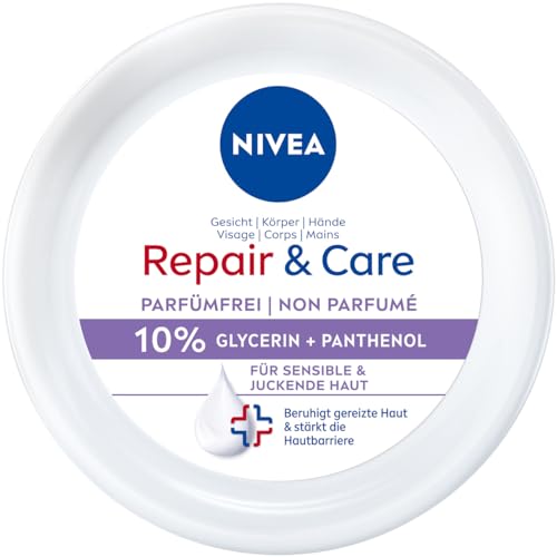 NIVEA Repair & Care Creme parfümfrei (400ml), Feuchtigkeits-Körpercreme, schnell einziehende Lotion mit Glycerin, Provitamin B5 & Ceramiden für trockene, sensible Haut 10