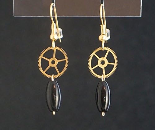 Steampunk Earrings - Black Onyx and Watch Gears