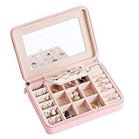 Longess Jewelry Box Faux Leather Jewelry Case Various Compartments with Mirror for Rings Earrings Necklace Bracelets Birthday Gifts for Girls Women (Pink)